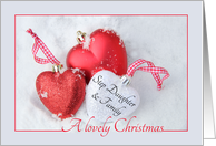 Step Daughter & Family - A Lovely Christmas, heart shaped ornaments card