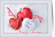 Son & Fiance - Lovely Christmas, heart shaped ornaments card