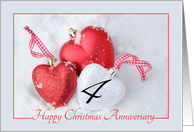 4th Christmas Wedding Anniversary, heart shaped ornaments card