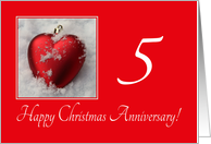 5th Christmas Wedding Anniversary, heart shaped ornaments card