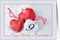9th Christmas Wedding Anniversary, heart shaped ornaments card