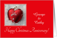 Christmas Wedding Anniversary, heart shaped ornaments card