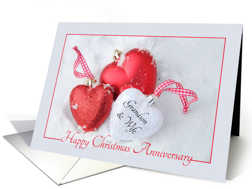 Grandson & Wife Christmas Anniversary, heart shaped ornaments card