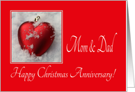 Mom & Dad Christmas Anniversary, heart shaped ornaments card