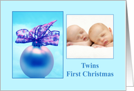 photocard Baby Twins First Christmas - Baby boys blue ornament card