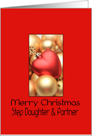 Step Daughter & Partner Merry Christmas - Gold/Red ornaments card