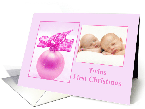 photocard Baby Twins First Christmas - Baby girls pink ornament card