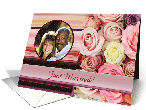 Just Married! - Custom Front - Pastel roses and stripes card (1179648)