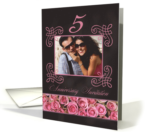 5th Anniversary Invitation - Chalkboard pink roses - Custom Front card