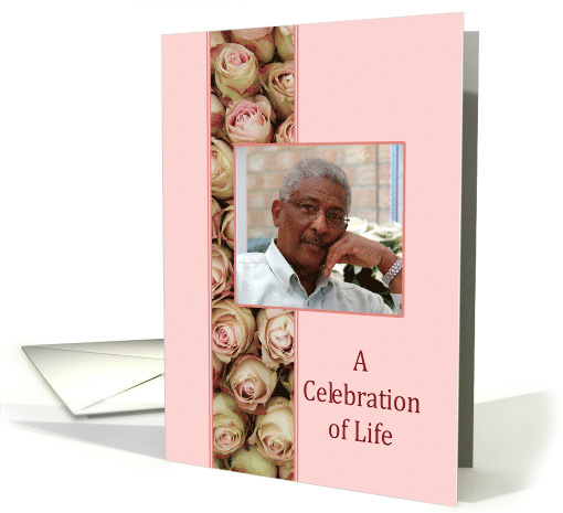 Celebration of Life Funeral/Memorial service - pink roses Photo card