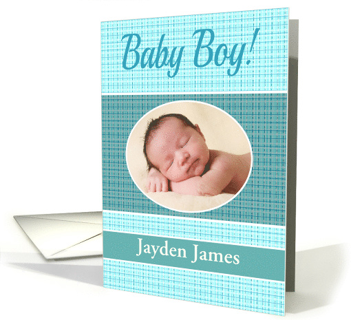 Baby Boy Birth Announcement Photo Card Blue Check pattern card