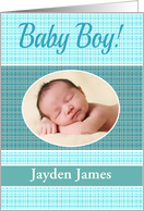 Baby Boy Birth Announcement Photo Card Blue Check pattern card