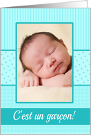 french Baby Boy Birth Announcement Photo Card Blue dots and stripes card