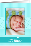 spanish Baby Boy Birth Announcement Photo Card Blue dots and stripes card