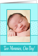 Lesbian Mommies Baby Boy Birth Announcement Photo Card Blue dots card