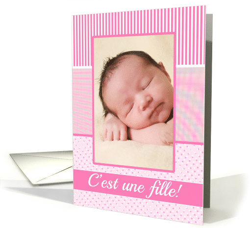 French Girl Birth Announcement Photo Card Pink dots card (1235568)