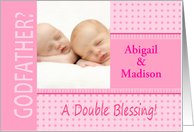 Twin Girl Pink Godfather Invitation Dots and Stripes Photocard card