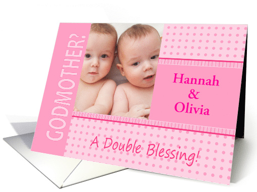 Twin Girl Pink Godmother Invitation Dots and Stripes Photocard card