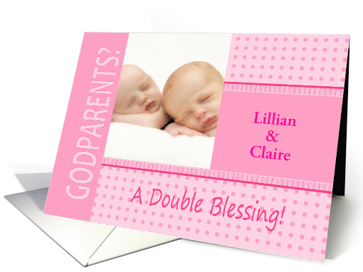 Twin Girls Pink Godparents Invitation Dots and Stripes Photocard card