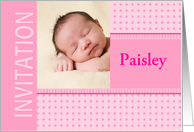 Girl Pink Christening Invitation Dots and Stripes Photocard card