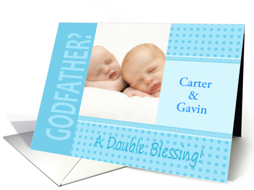Twin Boys Blue Godfather Invitation In Dots and Stripes Photocard card