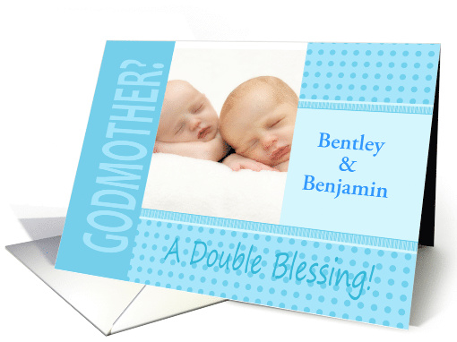 Twin Boys Blue Godmother Invitation In Dots and Stripes Photocard card