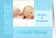 Twin Boys Blue Godmother Invitation In Dots and Stripes Photocard card