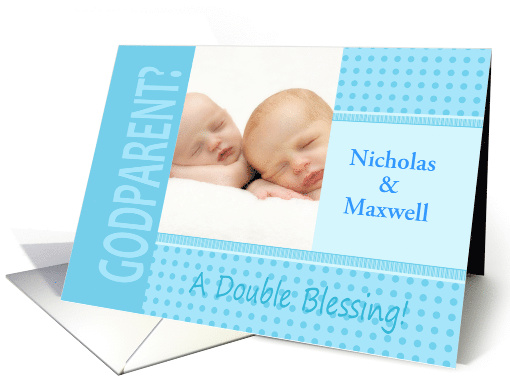 Twin Boys Blue Godparent Invitation In Dots and Stripes Photocard card