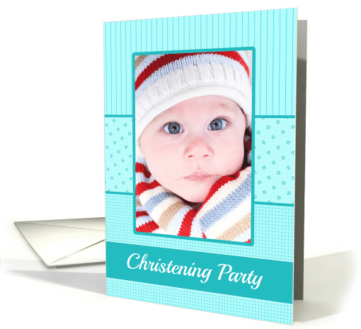 Boy Christening party Invitation Photo Card blue stripes card