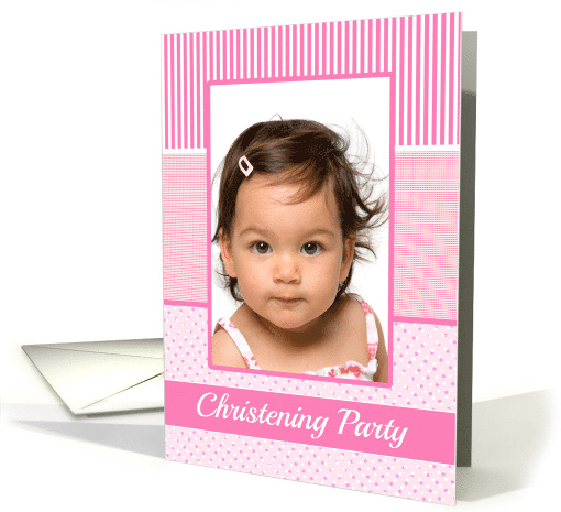 Girls Christening Party Invitation Photo Card pink stripes card