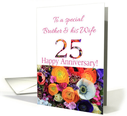 25th Anniversary, Brother & Wife multicolored Spring Bouquet card