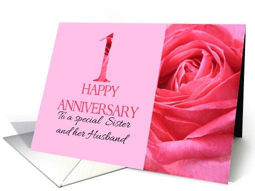 1st Anniversary to Sister and Husband Pink Rose Close Up card