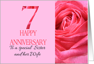 7th Anniversary to Sister and Wife Pink Rose Close Up card