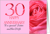 30th Anniversary to Sister and Wife Pink Rose Close Up card