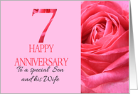 7th Anniversary to Son and Wife Pink Rose Close Up card