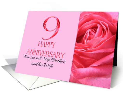 9th Anniversary to Step Brother and Wife Pink Rose Close Up card