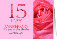 15th Anniversary to Step Brother and Wife Pink Rose Close Up card