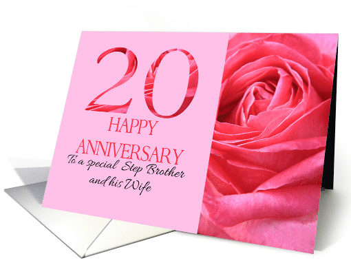 20th Anniversary to Step Brother and Wife Pink Rose Close Up card