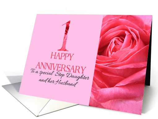 1st Anniversary to Step Daughter and Husband Pink Rose Close Up card