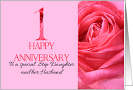 1st Anniversary to Step Daughter and Husband Pink Rose Close Up card