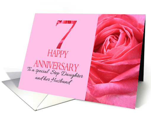 7th Anniversary to Step Daughter and Husband Pink Rose Close Up card