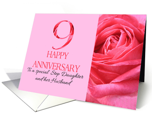 9th Anniversary to Step Daughter and Husband Pink Rose Close Up card
