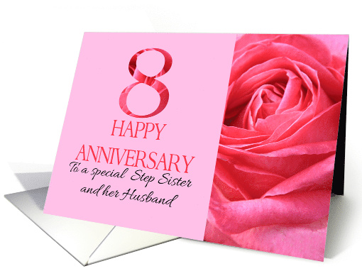 8th Anniversary to Step Sister and Husband Pink Rose Close Up card