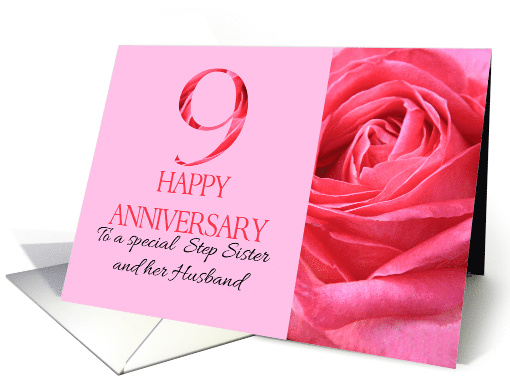 9th Anniversary to Step Sister and Husband Pink Rose Close Up card