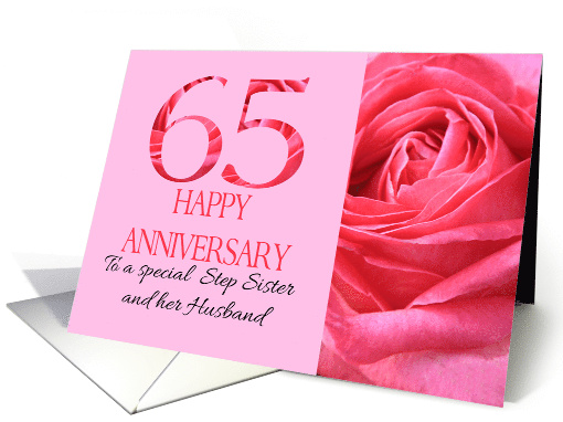 65th Anniversary to Step Sister and Husband Pink Rose Close Up card