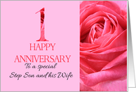 1st Anniversary to Step Son and Wife Pink Rose Close Up card