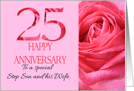 25th Anniversary to Step Son and Wife Pink Rose Close Up card
