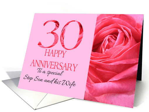 30th Anniversary to Step Son and Wife Pink Rose Close Up card