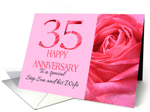 35th Anniversary to Step Son and Wife Pink Rose Close Up card