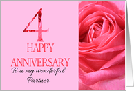 4th Anniversary to Partner Pink Rose Close Up card